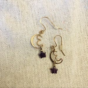 golden moon earrings with purple stars